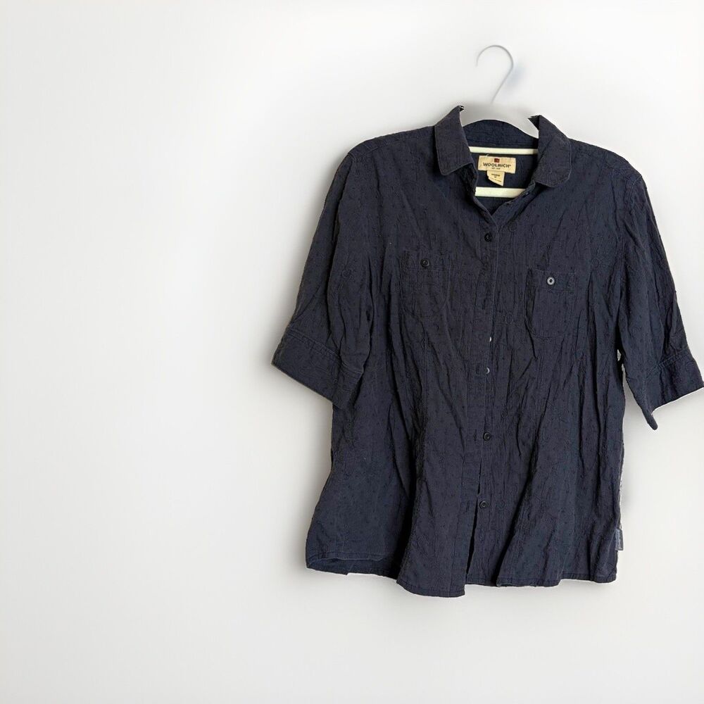 Woolrich Solid Black Short Sleeve Button Up Shirt Point Collar Pockets Sz M